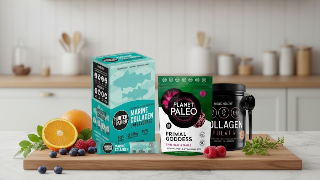 Three packages of collagen supplements from Hunter & Gather (Marine Collagen), Planet Paleo (Primal Goddess), and WoldoHealth (Collagen Pulver) neatly arranged on a wooden cutting board in a modern kitchen. Fresh ingredients such as orange slices, blueberries, and raspberries surround the products, along with a glass of water into which collagen powder is being poured, symbolizing preparation and consumption. The background features a blurred kitchen setting with wooden shelves and windows, giving the image a fresh and natural look.